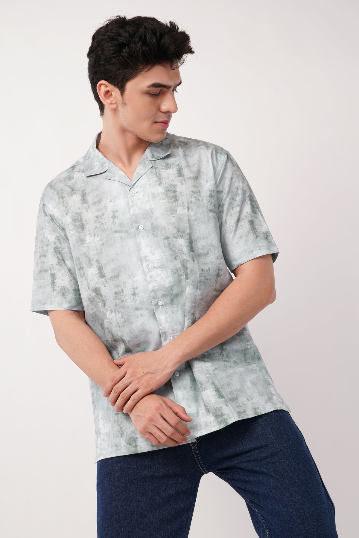 Abstract Green Textured Short Sleeve Shirt