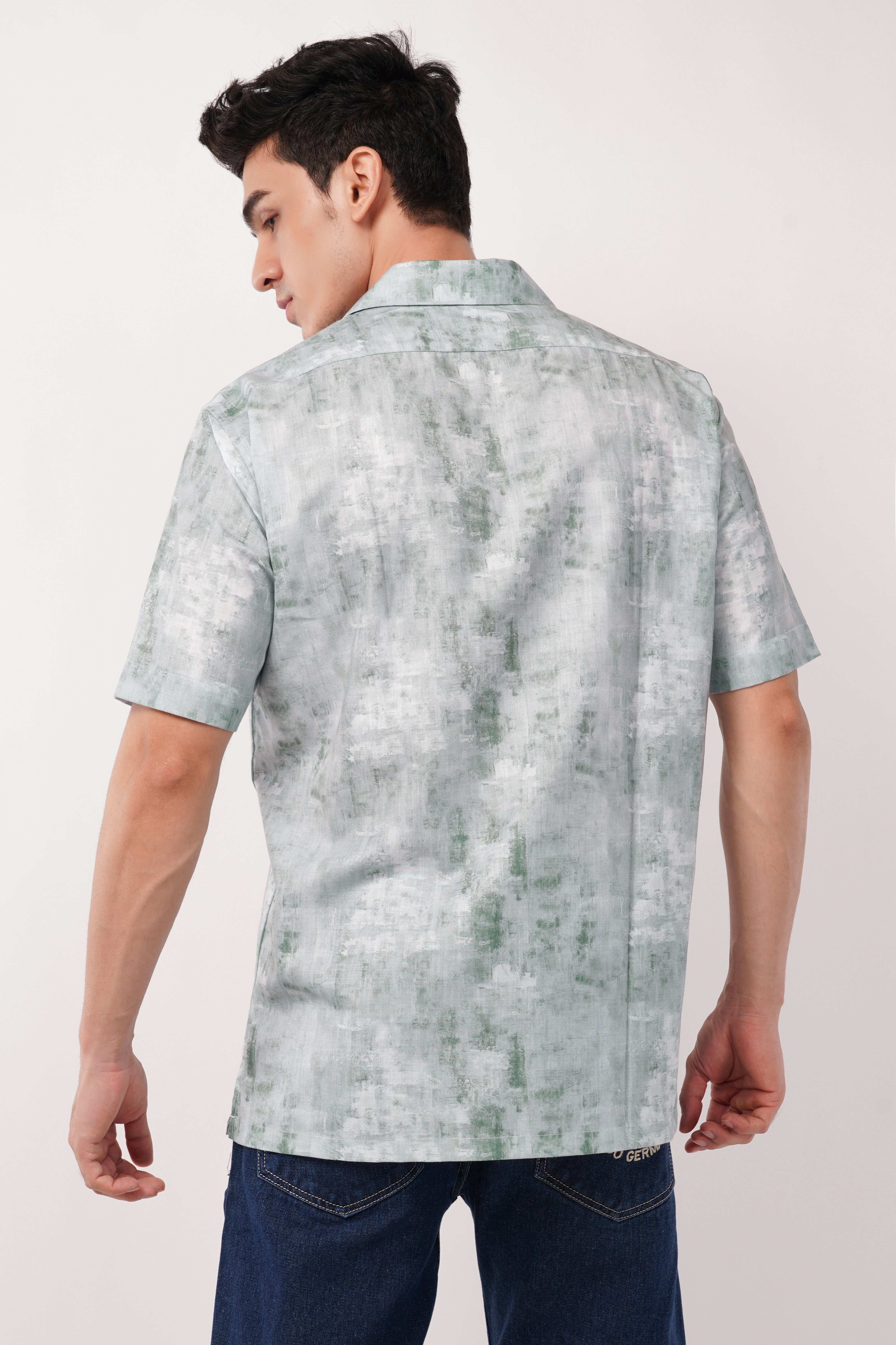 Abstract Green Textured Short Sleeve Shirt