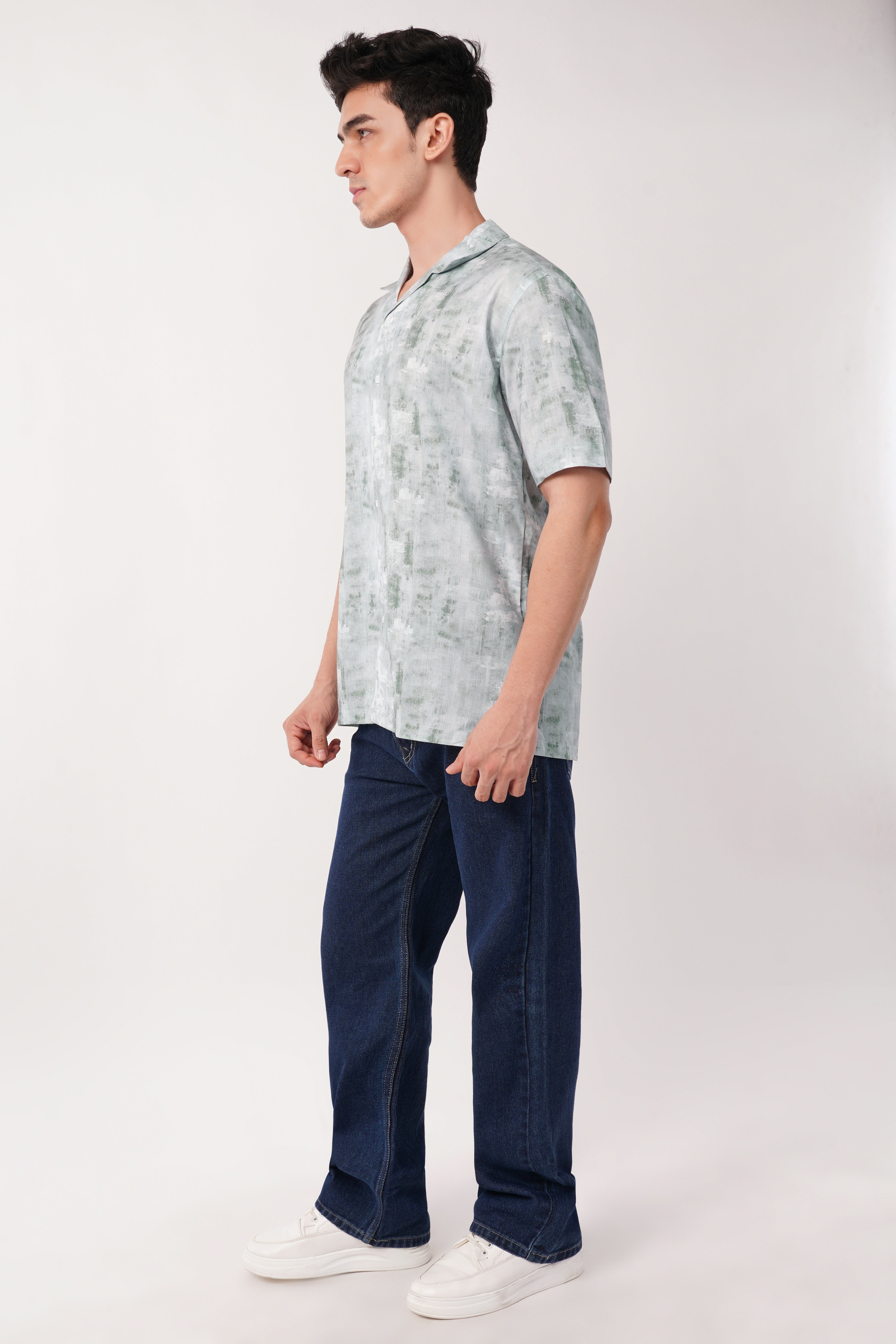 Abstract Green Textured Short Sleeve Shirt