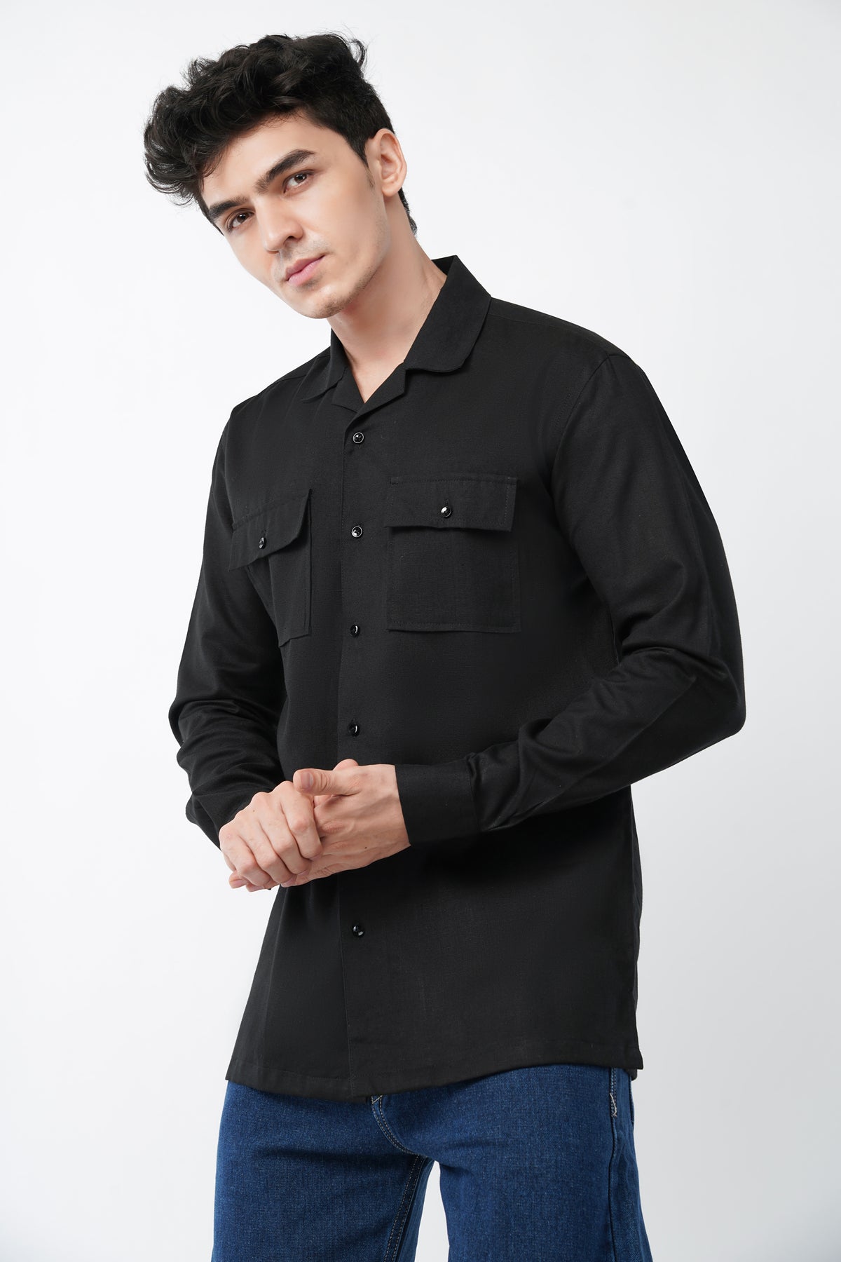 Double pocket black cotton full sleeves shirt