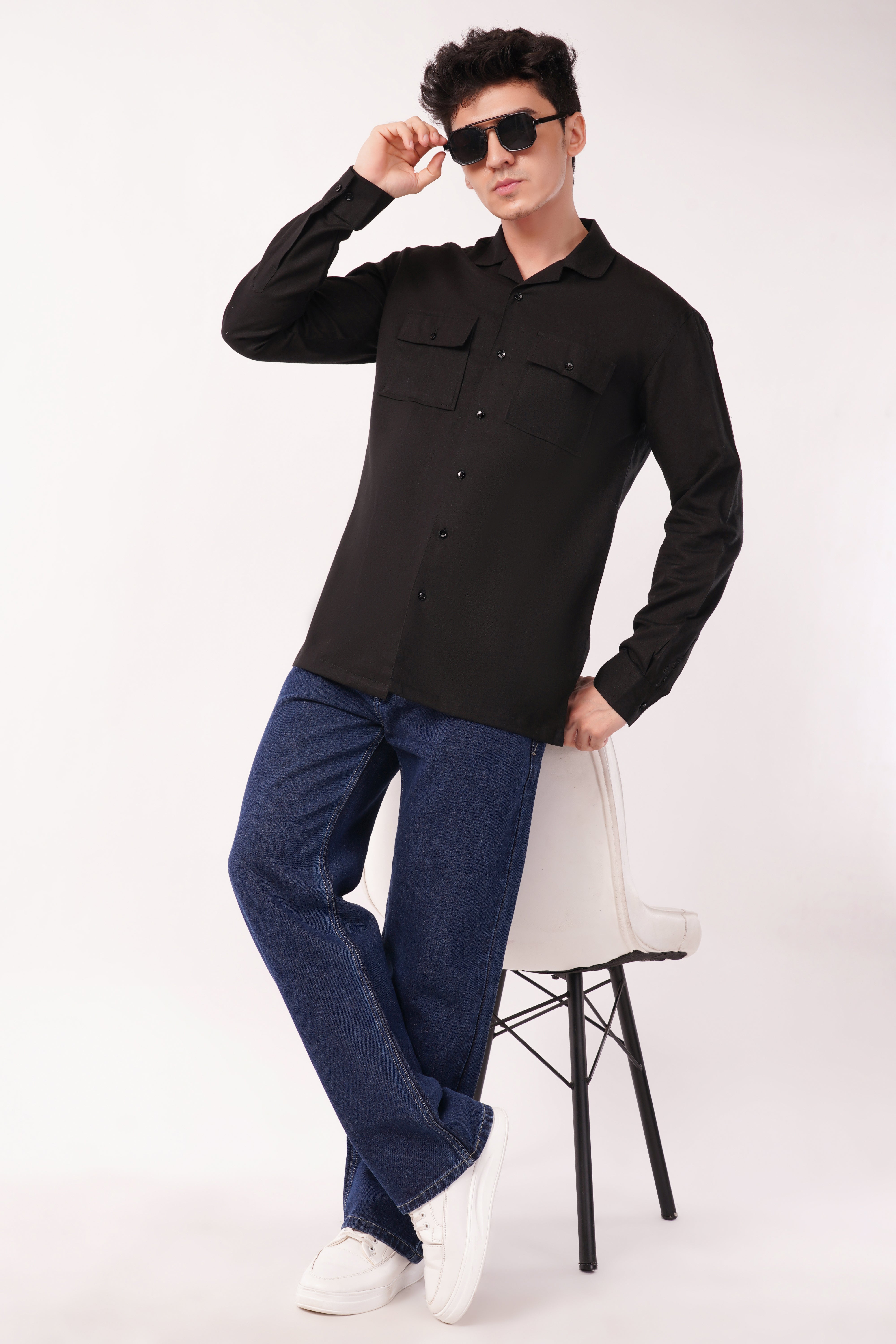 Double pocket black cotton full sleeves shirt