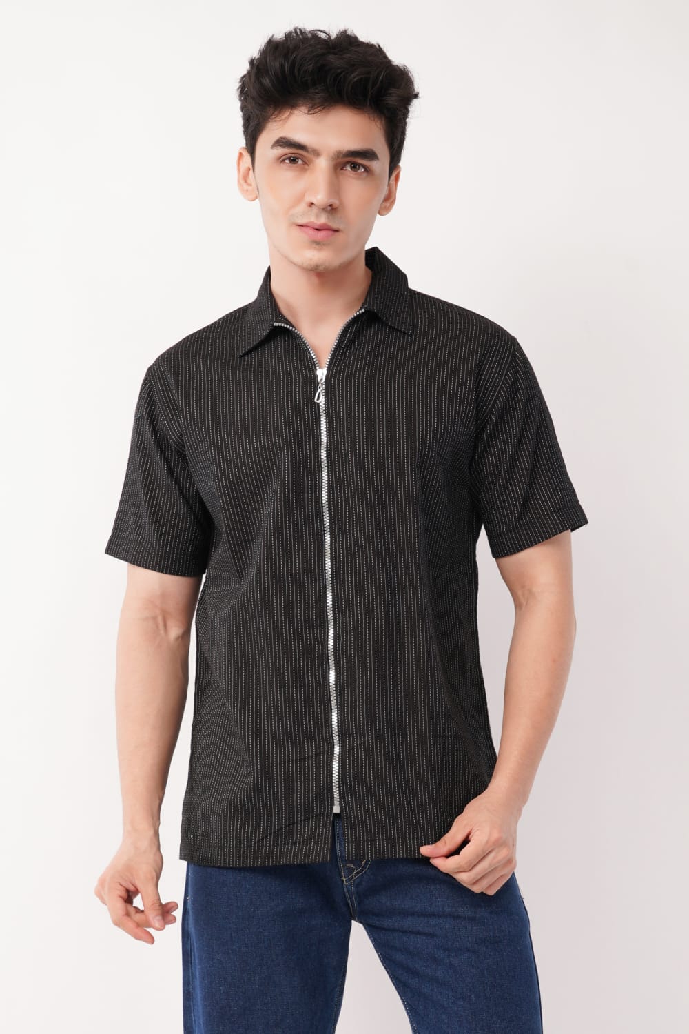 Black Striped Zip-Up Shirt