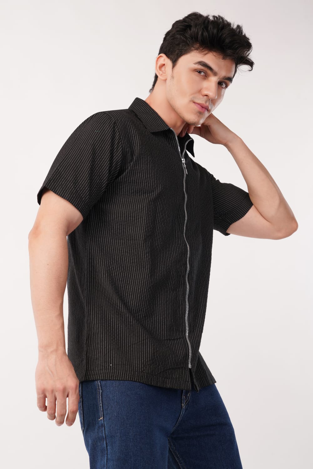 Black Striped Zip-Up Shirt
