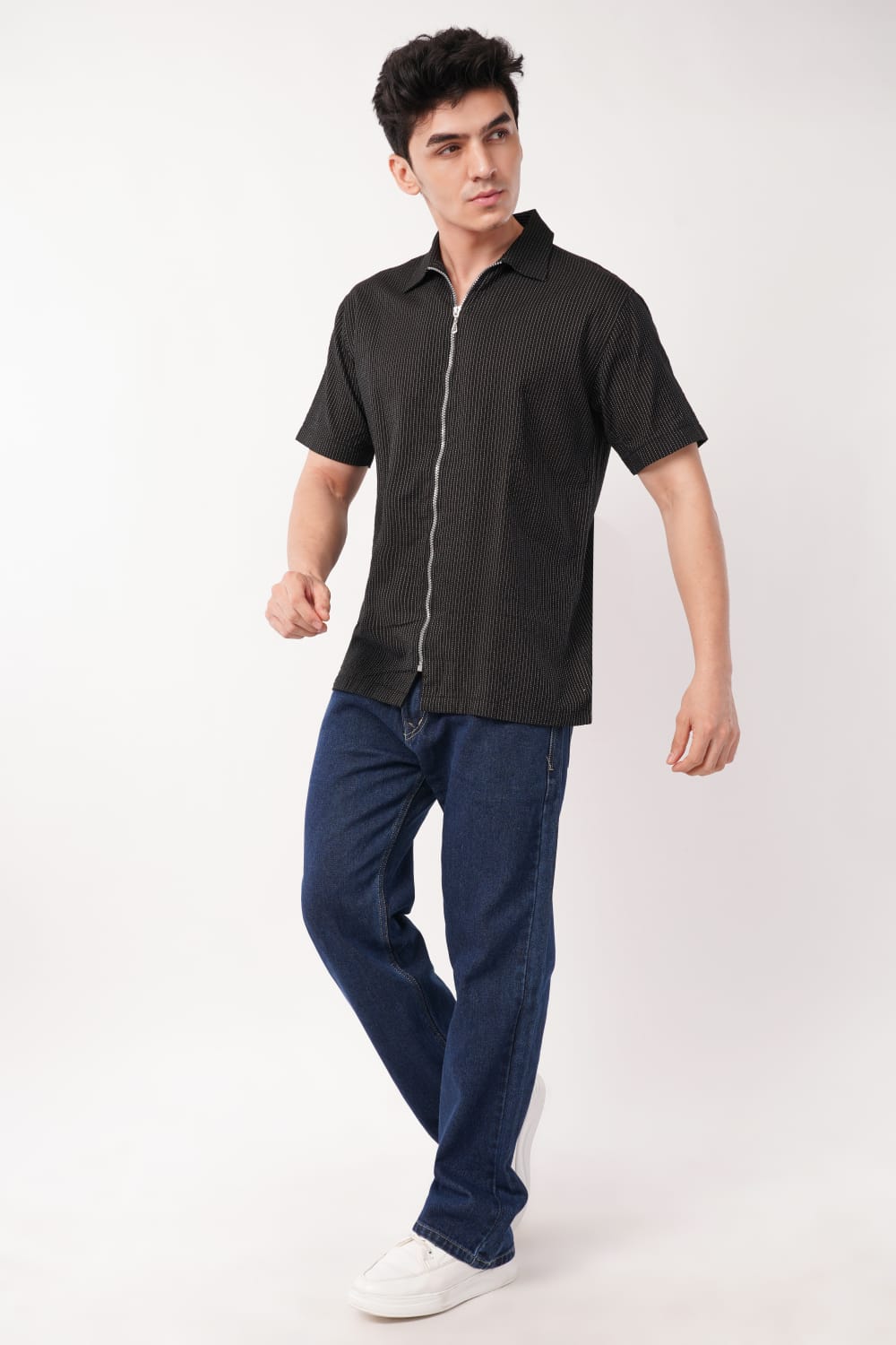 Black Striped Zip-Up Shirt