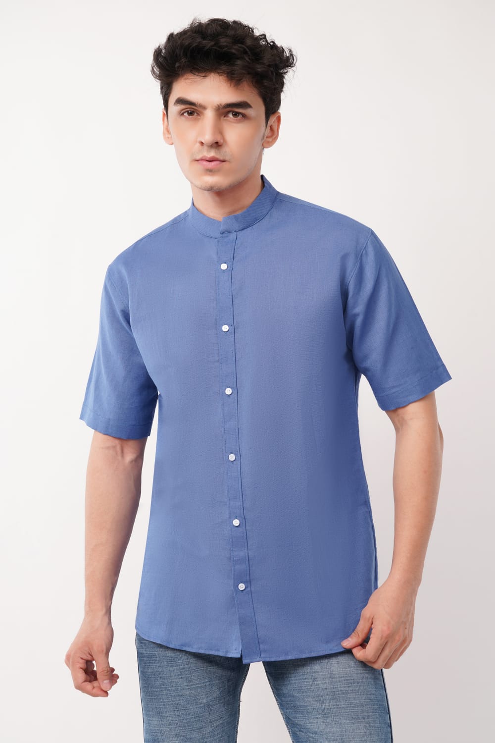 Royal Blue Pure Linen Short-Sleeve Shirt