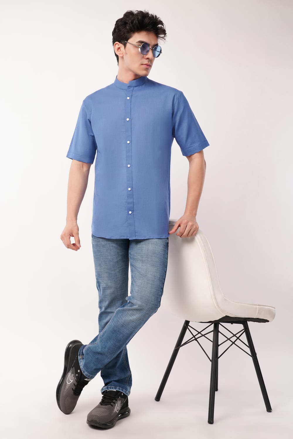 Royal Blue Pure Linen Short-Sleeve Shirt