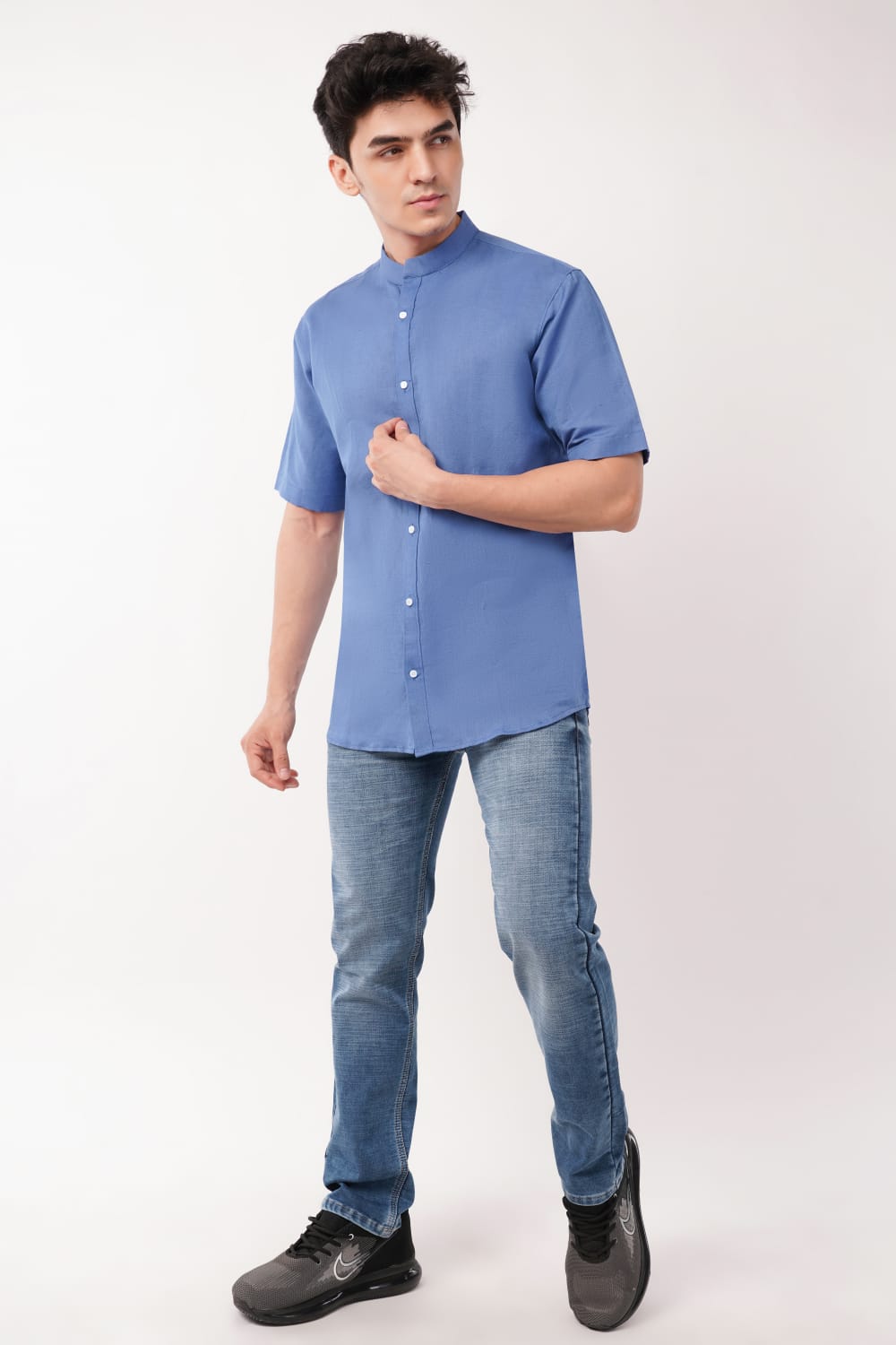 Royal Blue Pure Linen Short-Sleeve Shirt